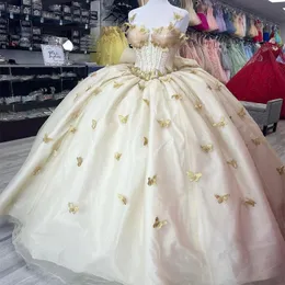 شمبانيا خفيفة قبالة الكتف Cape 15 فساتين Quinceanera القوس بذرن أميرة الحلو 16 فساتين كرات العباءات عيد ميلاد الدانتيل