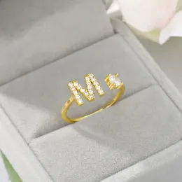 Anel de alfabeto com nome inicial de letras A-Z, abertura ajustável, ouro amarelo 14k, anéis CZ, joia de festa feminina, presente