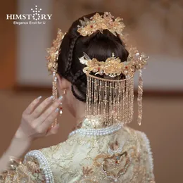 Headwear Hair Accessories Himstory Full Set Chinese Ancient Costume Step Shake Chinese Tiara Tassel Flower Phoenix Wedding Hair Crown Accessories 231208