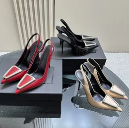 Top quality brand pointed sandals women patent leather casual luxury designer shoes 10.5CM high heel metal buckle decoration party slingbacks