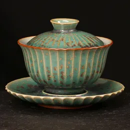 Vintage Glaze Kiln Change Gaiwan 100ml Green Ceramic Tea Bowls with Lid Big Master Cup Pu'er Tea Tureen Tea Cup Accessories284S