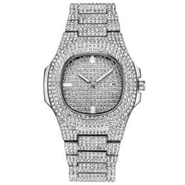 Iced Out Relojes Mujeres Hip Hop Bling Diamantes Reloj de cuarzo Hombres Reloj de pulsera unisex Acero plateado Hombre de negocios Reloj femenino Dropship267f