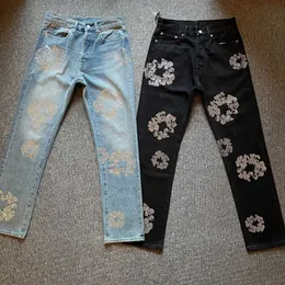 Mäns jeans denim tårar samarbetar med Rochester Rhinestones Kapok inlagda jeans heta diamant raka rör hög gata trend