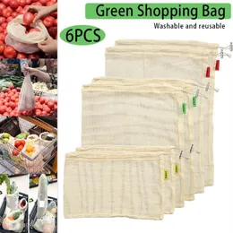 Juego de 6 uds. De bolsas reutilizables de malla para productos, bolsas de algodón no plástico para verduras, cordón transparente lavable para compras FP319F