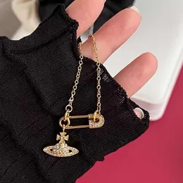 Designer Viviene Westwood New Viviennewestwood Empress Dowager West Diamond Saturn Pin Chain Necklace Female Hollow Out Shining Paper Clip Superimposed Clavicl