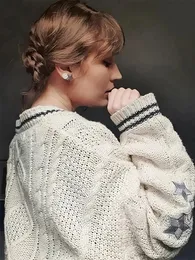 Jaquetas femininas Tay Cardigan com estrelas bordadas com botões e cabo grosso suéter de malha grosso e quente Swif t Folklore Cardigan