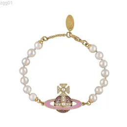 Designer Viviene Westwoods Ny Viviennewestwood Empress Dowager Emalj Full Diamond Saturn Pearl Armband Women's Classic Pink Planet Armband