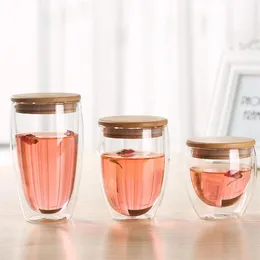 Wärmedämmung Wein Café Saft Tasse BPA doppelwandiges Glas für Bar Versiegelung Reisekaffeetasse mit Bambusdeckel Q12222028