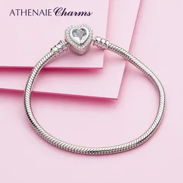 Chain Athenaie 100% 925 Sterling Silver Snake Chain Bangle Armband med CZ Love Heart Clasp Charms Armband för kvinnor 231128