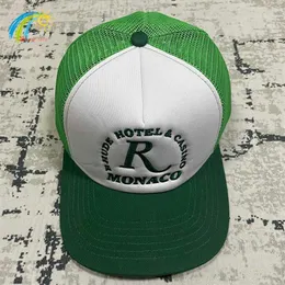 Gorra de béisbol RHUDE de malla verde para hombre y mujer, 1 1 etiquetas, bordado de alta calidad, protector solar para exteriores, ajustable, Rhude Hat271V