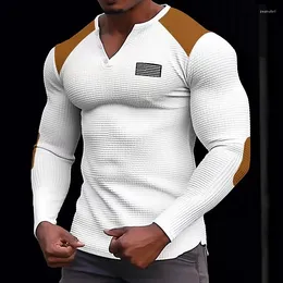 남성용 T 셔츠 스프링 단색 슬림 한 슬림 한 긴 소매 티셔츠 작은 V- 넥 스포츠 코트 와플 코튼 캐주얼