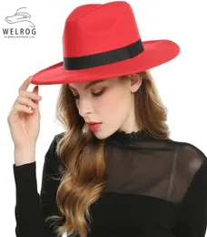 Welrog czarne czerwone czapki fedora dla kobiet naśladowanie wełny fedoras panama poczuł kapelusz zima mężczyzn Jazz Hats Trilby Chapeau femme caps y20015422694