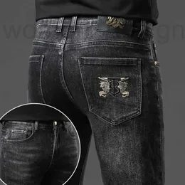 Jeans masculinos designer de luxo outono e inverno novo preto cinza flor bordada para elástico fino ajuste pés pequenos calças versátil moda tendência 3yu3