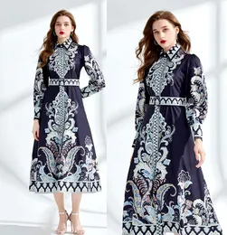 Floral Party Blue Boho Maxi Dress Long Sleeve Women Designer Lapel Button Front Slim A-Line Vacation Paisley Print Dresses 2024 Spring Fall Runway High Waist Frocks