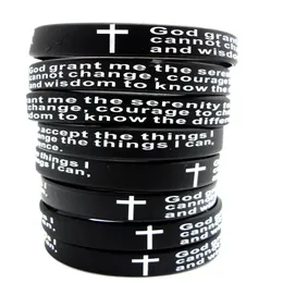 100pcs Inspirational English Serenity Prayer Silicone Bracelets Christian Men Cross Fashion Wristbands whole GOD SERENITY Jewe2526