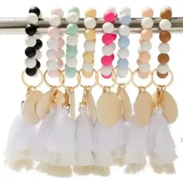 Bead Wood Bracelet Jewelry Silicone Beaded Tassel Beaded Keychains Colorful Fringe Bracelets Bangle Wrist Pendant Bag Key Ring S10 LL