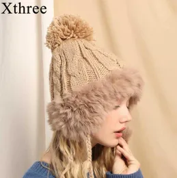 Xthree reknited Winter Ear Dailaps Caps Women Rabbit Fur Fur Bomber Hat Ear Flap Cap Discal Winter Trapper Hats Temale Russian Hats G09232650602