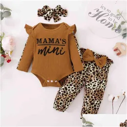 Pagliaccetti 3 pezzi Born Clothes Baby Girl Sets Infant Outfit Ruffles Pagliaccetto Top Bow Leopard Pants Abbigliamento per bambini G1221 Drop Delivery Kid Otixu