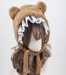 Berretti Bella Lace Trim Lolita Daily Little Bear Orecchio Peluche Cappello Caldo Harajuku Addensare Paraorecchie Moda Invernale Berretto Cofano3569078