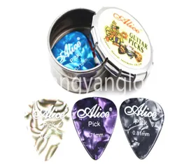 Alice Small Round Metal Pick Holder Case Box 12pcs Pearl Celluloid Guitar Picks 3214583