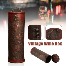 Scatola per vino rosso singola vintage medievale Scatola per vino rotonda portatile in legno Regalo retrò Decorazione per festival Confezione di bottiglie per scatola di conservazione del vino