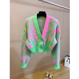 Suéteres femininos outono camisola feminina cardigan manga longa v pescoço verde impressão cardigan derramado multicolor retro vibe malha roupas 231211