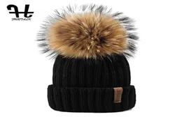 Furtalk inteiro malha chapéu de pele real 100 real pele de guaxinim pom pom chapéu de inverno feminino gorro para women9502901