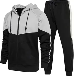 CALUOMATT Men's Hooded Athletic Tracksuit Sweatsuit Long Sleeve Full-Zip Jogging Sweatpants 2 Piece Patchwork Sportsuits
