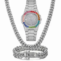 Wristwatches 3 2Pcs Necklace Watch Bracelet Hip Hop Miami Cuban Chain Gold Color Colorful Iced Out Rhinestone Bling Women Men Jewe303K