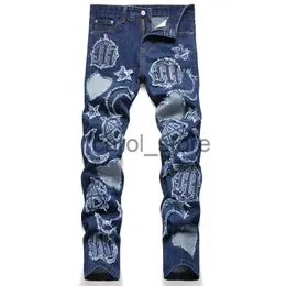 Pantaloni da uomo Autunno ricamato Jeans classici blu da uomo a vita media Pantaloni a matita in denim slim Hip Hop Abbigliamento moda strappato J231208