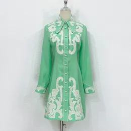 Vestido de designer australiano verde menta vintage linho impresso bordado manga comprida cintura envolta camisa curta vestido 2024 novo