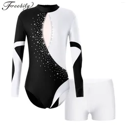 Palco desgaste 6-14y crianças meninas ballet dança collant manga longa brilhante strass bodysuit com shorts dancewear para yoga ginástica patinação