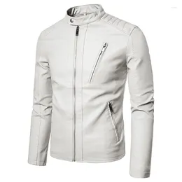 Men's Jackets Spring Autumn High-end Brand Zipper Leather Jacket Solid Stand Collar Fashion PU Casual Slim White Windproof Coat