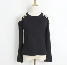 Schwarz-weiße Luxus-Pullover für Damen, langärmelig, schulterfreier Pullover, Designer-Pullover für Damen