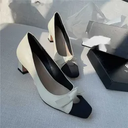 the row shoes The Shoes Dress row Spring New Square Head Color Contrast Small Fragrant Bowknot Flat Heel Elegant Cowhide Single Shoes Size 34-39 UPHK