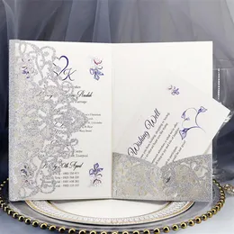 Cartões 10 pcs / conjunto de corte a laser convites de casamento cartão elegante laço favor rosa ouro prata festa de negócios decoração suprimentos285n