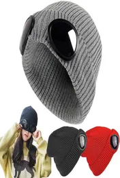 Cappello lavorato a maglia invernale addensato doppio uso Berretti pilota caldi Berretto da sci Skullies con occhiali rimovibili per uomo Donna3720839