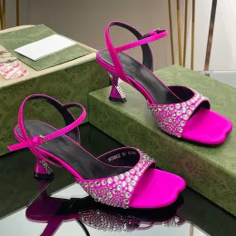 Fuchsia Sandals for womens rhinestone slippers Metal trim geometric heel women shoe 6.5 CM high Heeled shoes designer kitten heel slipper Party Sandal shoes size 35-41