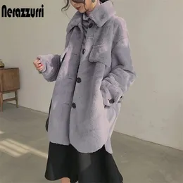 女性の毛皮のフェイクnerazzurri特大の温かい柔らかい毛皮の毛皮の毛皮のコート長袖ボタン灰色のふわふわジャケット冬の服231211