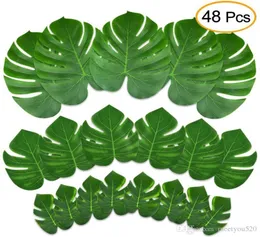 48 PCS熱帯パーティーの装飾人工植物熱帯の手のひらの葉のシミュレーション葉ハワイアンルアーサファリパーティージャングルビーチ3082659