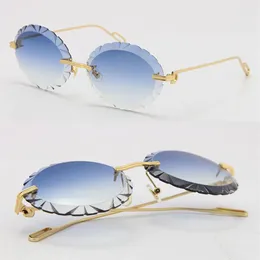 Óculos de sol redondos grandes, sem aro, para homens e mulheres, esculpido, lentes com corte de diamante, design de meia armação Adu209Q