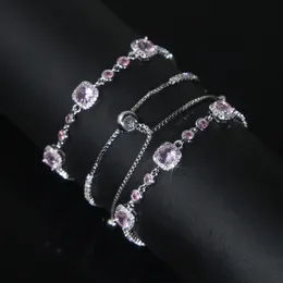 Delicado tamaño ajustable diapositiva rosa cuadrado rectángulo brazalete de circón elegante pulsera Hip Hop pavimentado Cubic Zirconia mujeres regalo de fiesta joyería al por mayor