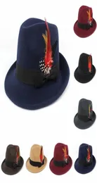 Fedora Jazz Hüte Nachahmung Wollstoff Männer Frauen Kappen Gentleman Formal Warping Krempe Schleife Huhn Feder Trilby Hut9769898