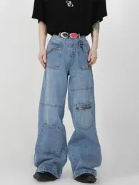Mäns jeans houzhou baggy last jeans män denim breda benbyxor manliga överdimensionerade casual streetwear hip hop pocket blixtlås safari stil 231211