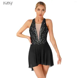 Sahne Wear Women Rhinestone Bale Jimnastik Tertenci Elbise Kolsuz Mesh Eklem Figür Buz pateni yarışması Dans Kostüm