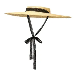 Sombrero de paja de ala grande Vintage para mujer, tapa plana, gorra de playa de verano, corona poco profunda, sombreros para el sol, lazo, sombrero de mimbre 2206017927858