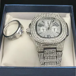 Мужские часы в стиле хип-хоп Iced Out с бриллиантами, комбинированный набор, регулируемое кольцо с бриллиантами, рок-рэпер, мужские украшения, уличные танцы, Fashion2330