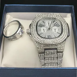 Men Hip Hop Iced Out Diamond Watch Ring Combo مجموعة ماس قابلة للتعديل حلقة روك روك روك Men Jewelry Street Dance Fashion2330