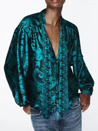 Bluzki damskie 2023 Kobiety drukowane kołnierzyka bowcy moda przyczynowa samotna piersi topy długie rękawy luźne koszule jesień