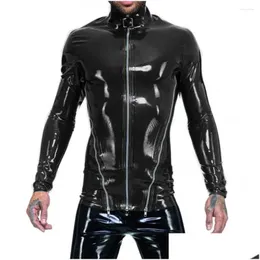 Herrjackor herrar våt utseende gay pvc främre blixtlås med hög hals långärmad smala fit skjortor faux latex jacka klubb adt fantasy tops party otop8